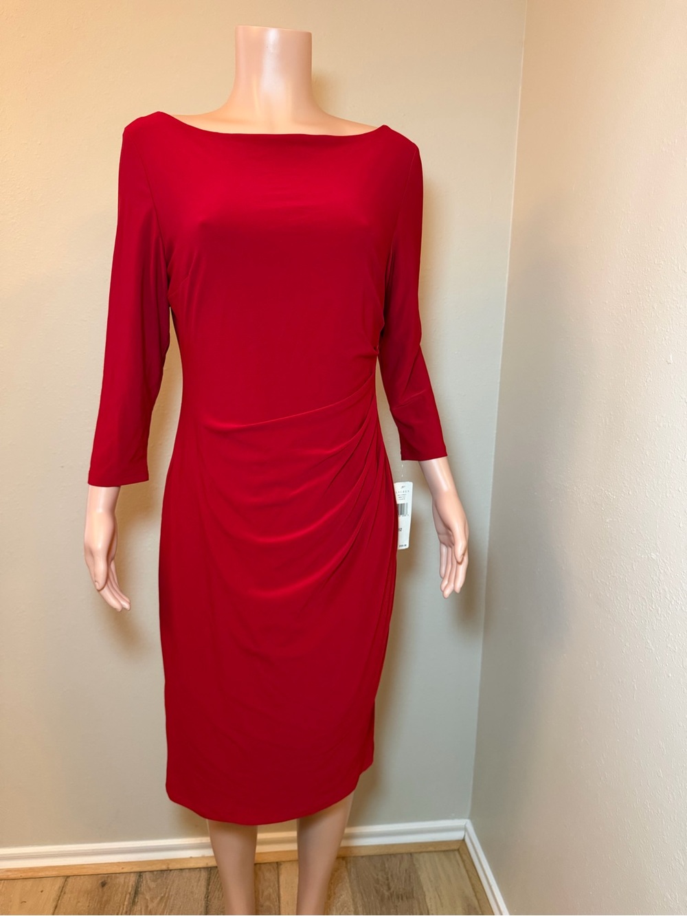 Ralph Lauren Red Boatneck Ruched Midi Dress